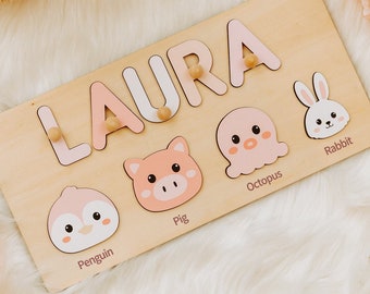 Animals Wooden Baby Name Puzzles, Toddler Toys, Baby Girl Gifts, Gift for Kids, Baby First Easter Present, 1st Birthday Gift