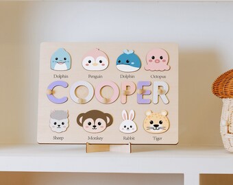 Personalized Name Puzzle with Animals | Custom Baby Girl and Boy Birthday Gift | Kid's Christmas Gift | Unique Baby Gift, Wood Name Puzzle