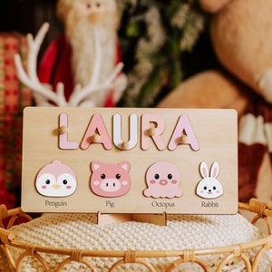 Custom Handmade Name Puzzle with Animals, Personalized Birthday Gift for Kids, Christmas Gifts for Toddlers, Unique New Baby Gift, Wood Toy image 1