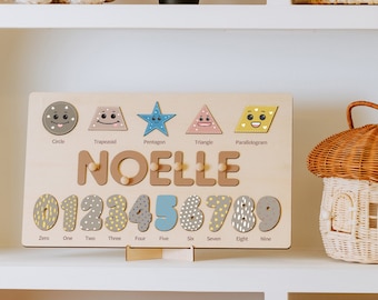 Personalized Name Puzzle With Numbers and Shapes, Wooden Name Puzzle, Personalized Toys for Baby, Toddlers Name Puzzle, Baby Shower Gift