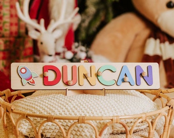 Personalized Name Puzzle with Pegs, First Christmas Gifts for Kids, Wooden Name Sign Educational Toys for Baby, Baby shower, Birthday Gifts