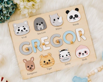 Custom Name Puzzle with Animals, Birthday Gift for Kids, Christmas Gifts for Toddlers, Unique New Baby Gift, Wooden Name Puzzle for Boys