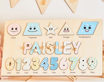 Customized numbers and geometric puzzle with baby's name, Toddlers Name Puzzle with Pegs, 1st Birthday gift, Montessori toys, Gift for Kids