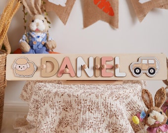 Personalized Baby Name Puzzle with Pegs, 1st Birthday Gift, First Easter Gift for Kid, Easter Bunny Toy