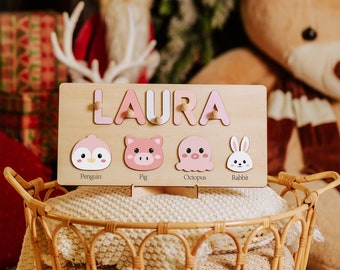 Animals Wooden Name Puzzle | Toddler Toys | Baby Girl Gifts | Gift for Kids | Baby First Easter Present | Birthday Gift