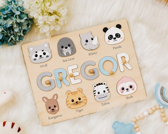Custom Name Puzzle with Animals, Birthday Gift for Kids, Easter Gifts for Toddlers, Unique New Baby Gift, Wooden Name Puzzle for Boys