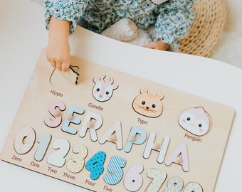 Personalized kids name puzzle with animals and numbers, unique puzzle present for children, baby puzzle with pegs, 1st birthday baby gift