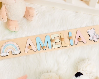 Personalized Baby Name Puzzle Rainbow and Bear, Baby Name Puzzle, 1st Birthday Gifts, Nursery Name Sign, Educational Toys, Baby Shower Gift