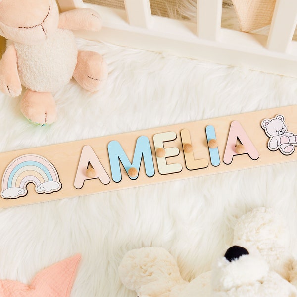 Casse-tête personnalisé nom de bébé arc-en-ciel et ours, casse-tête de nom de bébé, cadeaux de 1er anniversaire, prénom pour chambre d'enfant, jouets éducatifs, cadeau de baby shower