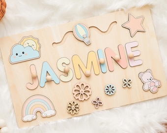 Personalized Busy Board Name Puzzle With Pegs, Baby Easter Gifts, Wooden Toys, Baby Shower Gift for Kids, Custom Wood Name Puzzle