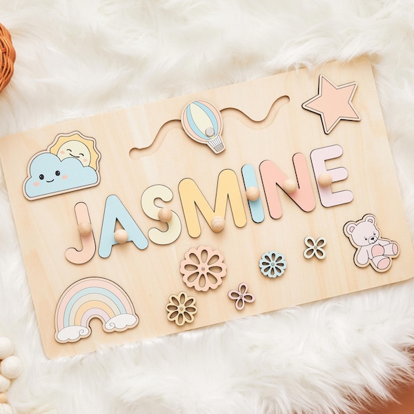 Personalized Busy Board Name Puzzle With Pegs, Baby Easter Gifts, Wooden Toys, Baby Shower Gift for Kids, Custom Wood Name Puzzle