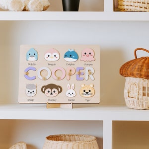 Custom Handmade Name Puzzle with Animals, Personalized Birthday Gift for Kids, Christmas Gifts for Toddlers, Unique New Baby Gift, Wood Toy image 2