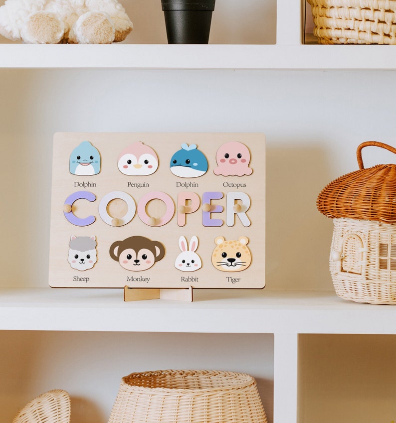 Custom Handmade Name Puzzle with Animals, Personalized Birthday Gift for Kids, Christmas Gifts for Toddlers, Unique New Baby Gift, Wood Toy image 2