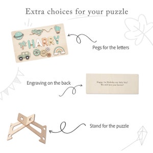 May include: Wooden puzzle with the name "HARRY" in colorful letters, featuring a car, rainbow, and other shapes. Includes a stand and a separate piece with engraved text: "Happy 1st Birthday my baby boy! We will love you forever!"