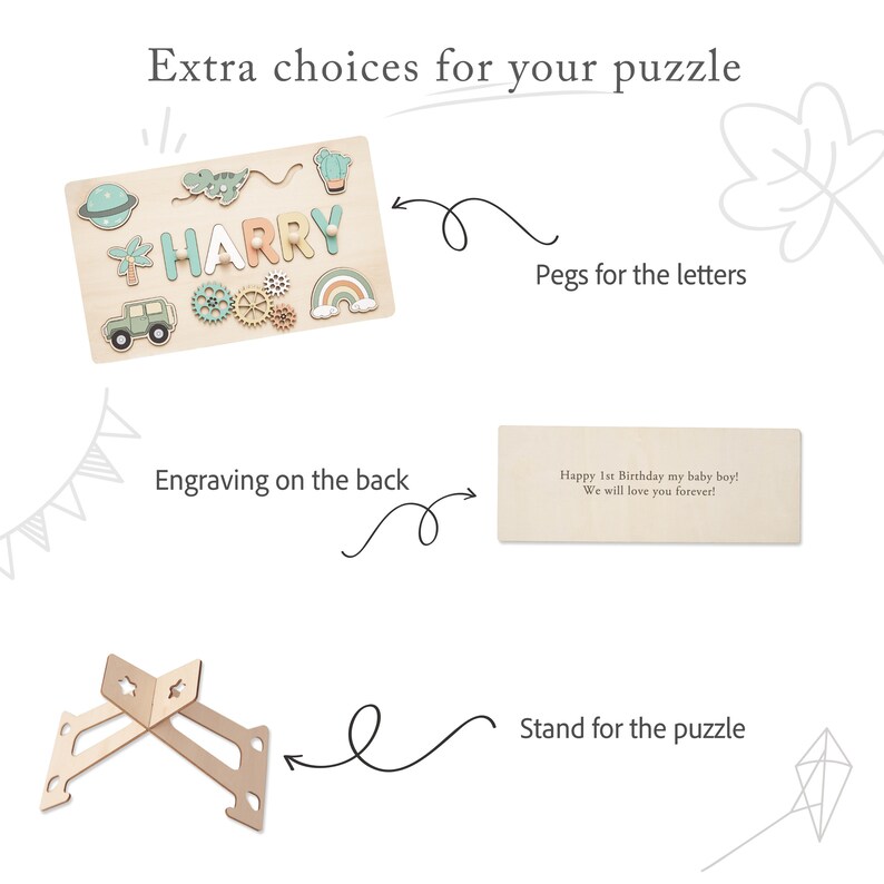 May include: Wooden puzzle with the name "HARRY" in colorful letters, featuring a car, rainbow, and other shapes. Includes a stand and a separate piece with engraved text: "Happy 1st Birthday my baby boy! We will love you forever!"