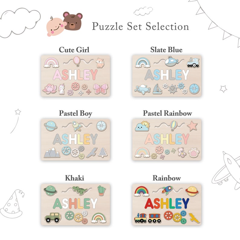 May include: Wooden name puzzles with the name "ASHLEY" in various color schemes. The puzzles feature themes like rainbows, vehicles, and animals. The text "Puzzle Set Selection" is at the top.