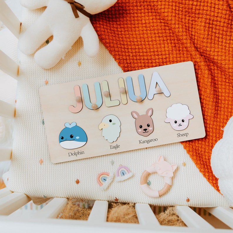 Custom Handmade Name Puzzle with Animals, Personalized Birthday Gift for Kids, Christmas Gifts for Toddlers, Unique New Baby Gift, Wood Toy image 3