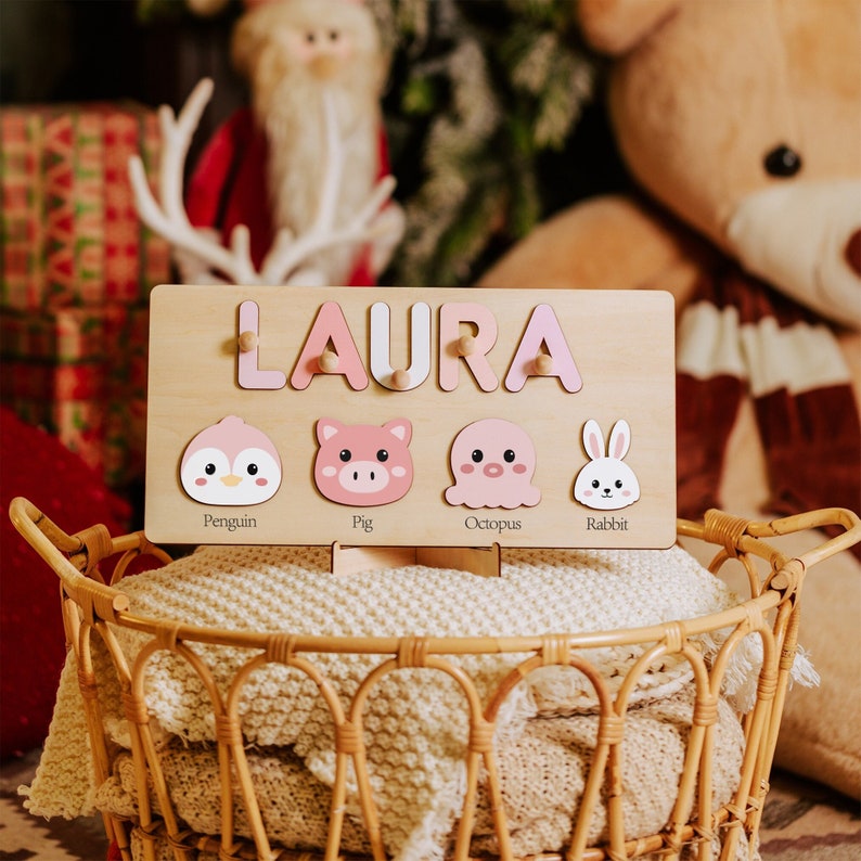 Custom Handmade Name Puzzle with Animals, Personalized Birthday Gift for Kids, Christmas Gifts for Toddlers, Unique New Baby Gift, Wood Toy image 1