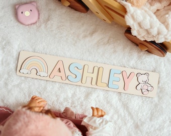 Personalized Name Puzzle with Pegs, First Christmas Gifts for Kids, Wooden Name Sign Educational Toys for Baby, Baby shower, Birthday Gifts