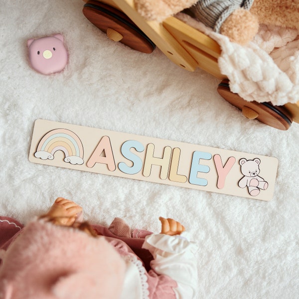 Personalized Name Puzzle with Pegs, First Christmas Gifts for Kids, Wooden Name Sign Educational Toys for Baby, Baby shower, Birthday Gifts