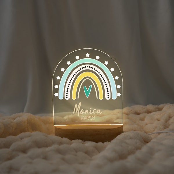 LED baby night light, personalized rainbow name lamp, Christening gift for boy and girl, bedside dimmable warm night light