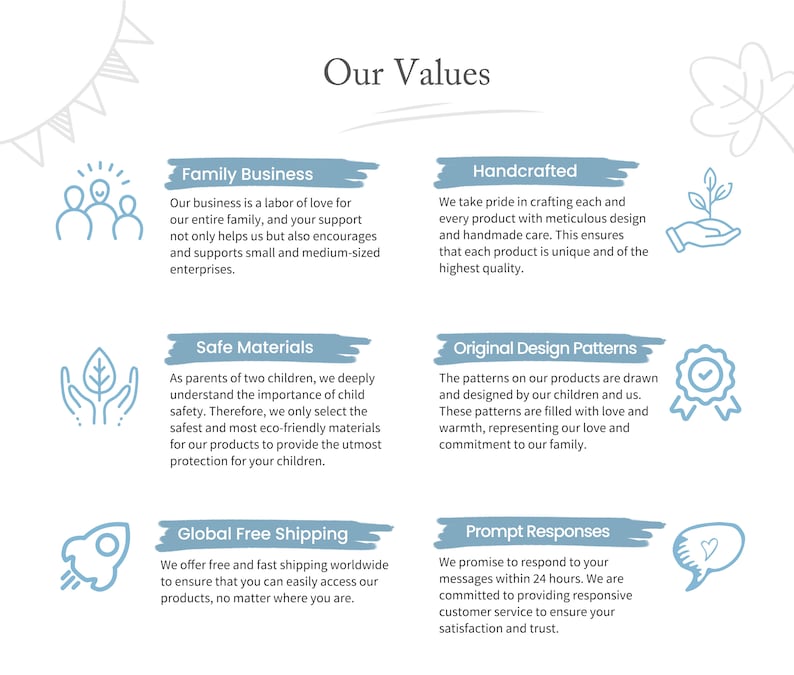 May include: An image with the text "Our Values" at the top. Below are six sections with text and icons. The sections describe the company's values: Family Business, Handcrafted, Safe Materials, Original Design Patterns, Global Free Shipping, and Prompt Responses.