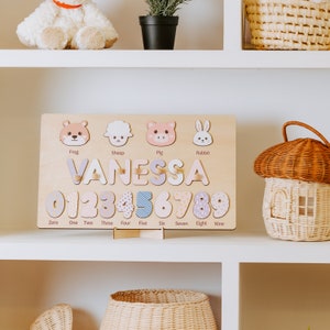 Custom kids name puzzle with pegs, animal puzzle with numbers, baby birth gifts, 1st birthday name puzzle, wooden puzzle, Christmas gift image 2