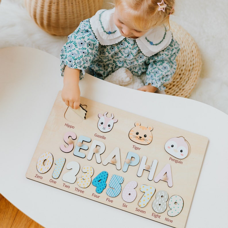 Custom kids name puzzle with pegs, animal puzzle with numbers, baby birth gifts, 1st birthday name puzzle, wooden puzzle, Christmas gift image 8