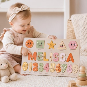 May include: A wooden puzzle board featuring the name MELISSA in large letters, a row of colorful geometric shapes with faces, and a row of numbers from zero to nine, each with unique patterns and labels printed in a light wood finish.