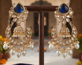 Blue Kundan Style Chandbali Earrings Elegant  Pearl Drop Jhumka Gold Tone Indian Bridal Wedding Jewelry Bollywood Statement Earrings