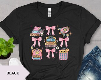 Coquette School Shirt Back To School Shirts Leraar cadeau roze strik T-shirt leuk leraar cadeau Eerste schooldag T-shirt leraar Waardering