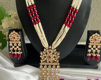 Beautiful Ruby Kundan long necklace Red and gold long necklace Indian Jewelry AD Necklace Bridal Wedding Set Kundan pearl long necklace