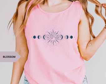 Celestial Comfort Colors® Tank Top Moon Phase Boho Mystical Moon And Sun Tank top Boho Moon Outfit Spiritual Moon Women Clothing Gifts