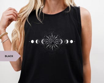 Celestial Comfort Colors® Tank Top Moon Phase Boho Mystical Moon And Sun Tank top Boho Moon Outfit Spiritual Moon Women Clothing Yoga Gifts