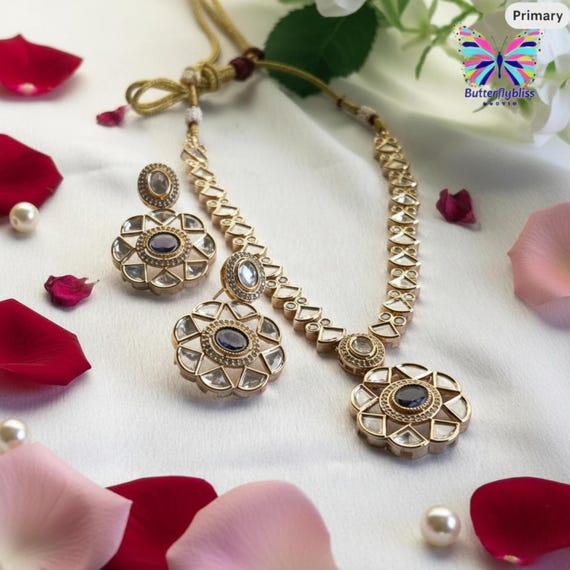 Premium Kundan American Diamond Necklace set with earrings Imitation purple AD Necklace and Kundan stud earrings American diamond Set