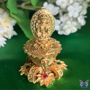 Goddess Laxmi Gold Plated Haldi Kumkum Dabbi Gold Plated Sidoor Dabbie Laxmi Temple Sindoor box Wedding Gift Pooja gift House warming gift