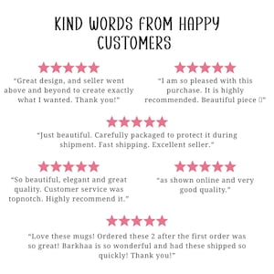 May include: White background with the text "KIND WORDS FROM HAPPY CUSTOMERS" in black. Below are customer reviews with pink star ratings. The reviews praise the design, quality, and service.