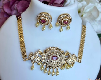 American Diamond Choker Set American Diamond Quality Necklace set with earrings Imitation AD Necklace and stud earrings