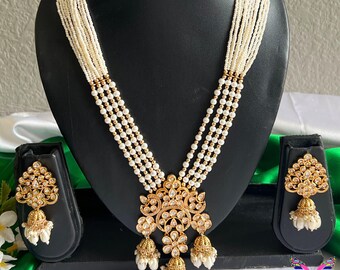Beautiful Kundan long necklace White and gold long necklace Indian Jewelry AD Necklace Bridal Wedding Set Kundan pearl long necklace
