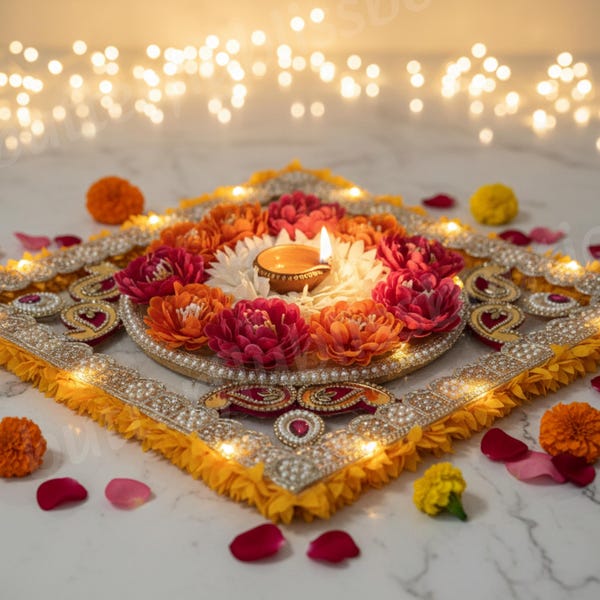Light Tealight Floral Rangoli Acrylic Rangoli Elegant Zari Rangoli mat Flower Rangoli Wedding Decor Pooja Mandir decoration Entryway decor