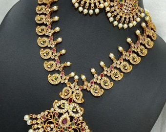 Beautiful Temple long necklace multicolor Temple long necklace Indian Jewelry Bridal Wedding Set Kundan necklace Golden Temple Jewelry