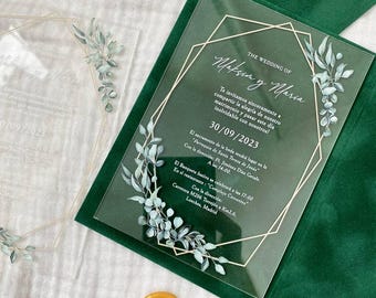 Greenery wedding acrylic invites with emerald velvet envelopes with wax seal stamp, luxury wedding acrylic invitations, wedding design
