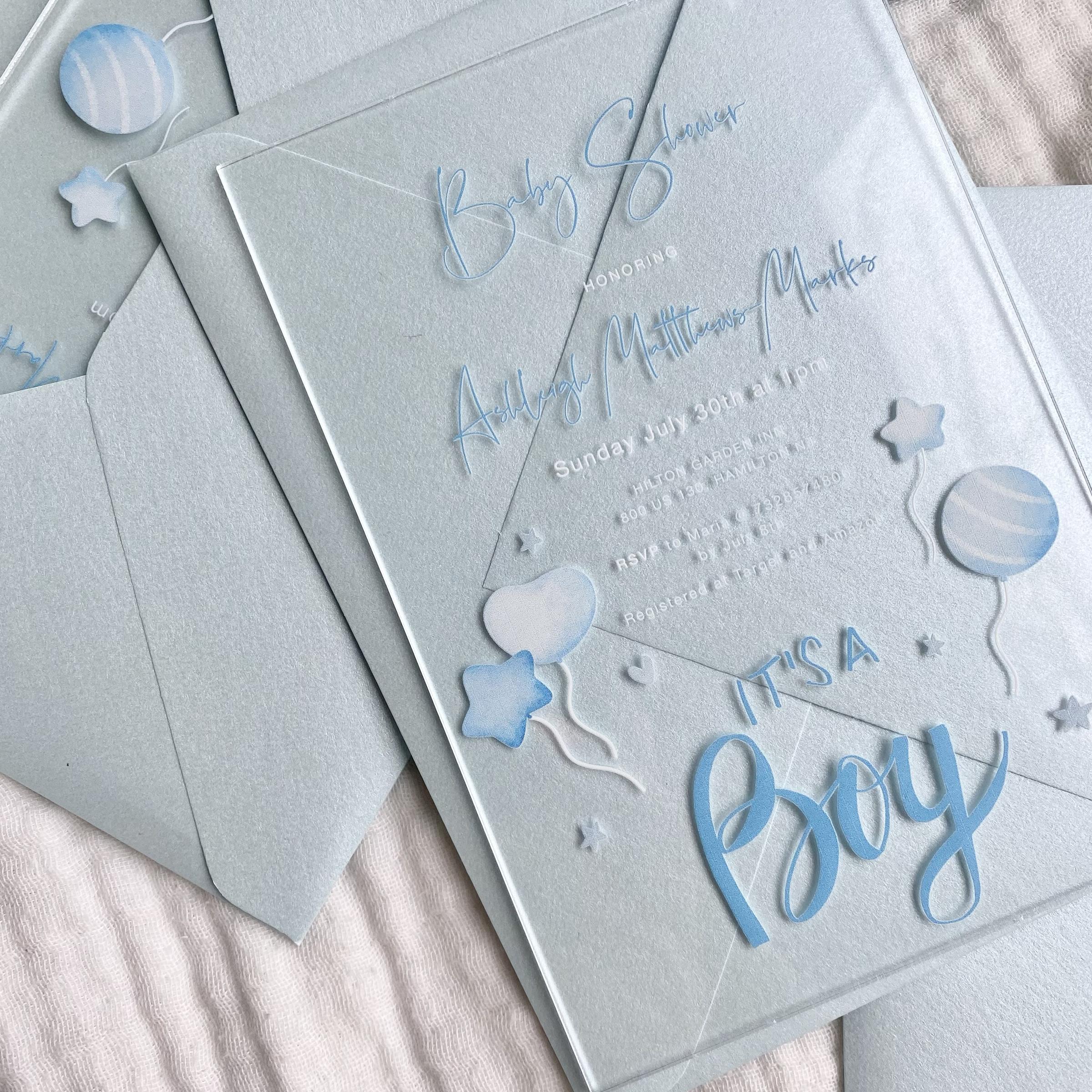Baby shower acrylic invitations for boy in blue envelopes, Personalized Baby Shower Invitations, Baby Boy Shower Invites