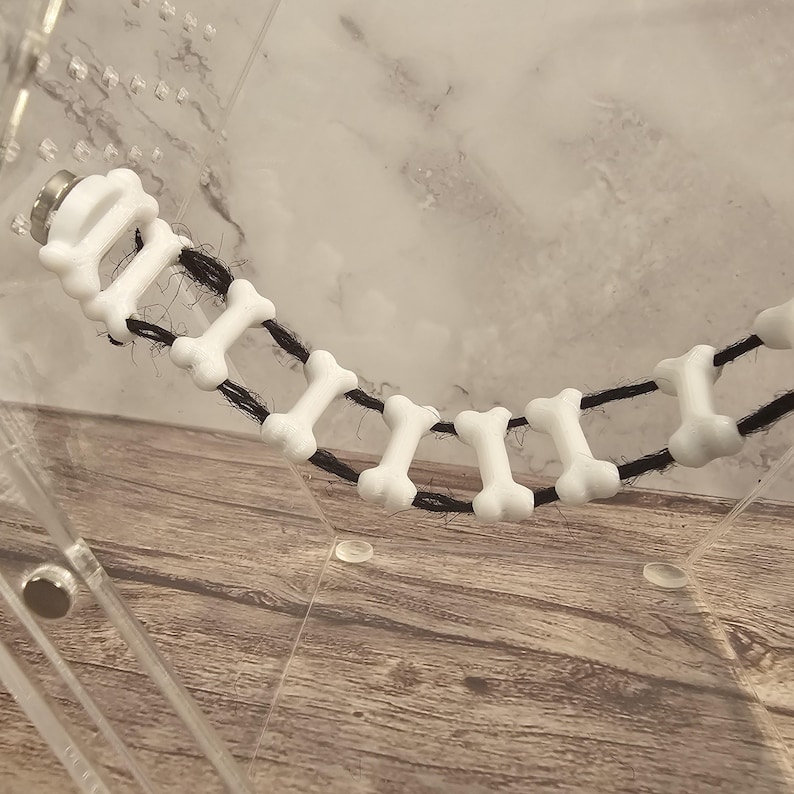 May include: A white plastic bone-shaped toy for pets, strung together with black string. The toy is in a clear plastic container.