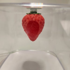 May include: A red plastic strawberry with a green stem and leaves hanging upside down in a clear plastic container.