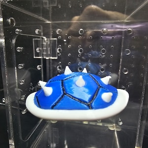May include: A blue and white 3D printed shell with white spikes. The shell is in a clear plastic display case.