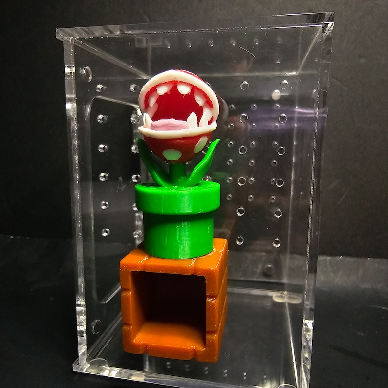 May include: A red and white plant with a large mouth, in a green pipe, sitting on a brown base, inside a clear acrylic display case.