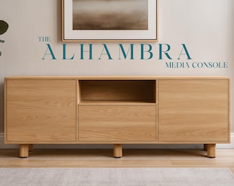 Modern Media Console White Oak Credenza TV Console Mid Century Scandinavian Solid Wood Sideboard Cabinet CUSTOM SIZING | Alhambra