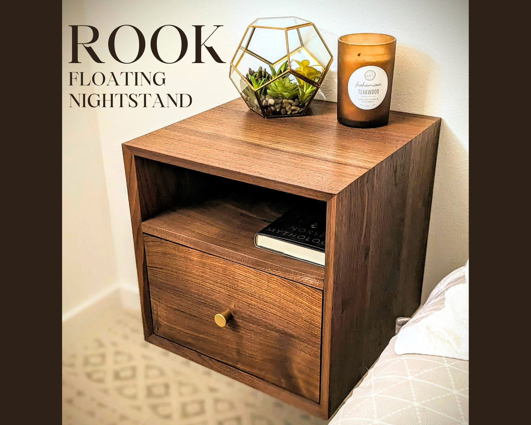 Rook Walnut Floating Nightstand Modern Floating Bedside Nightstand With