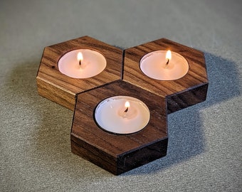 Wooden Walnut Hexagon Tea Light Candle Holder. Gift Idea for Weddings, Parties, Anniversaries, Home Decor, etc. Hand Crafted in America!